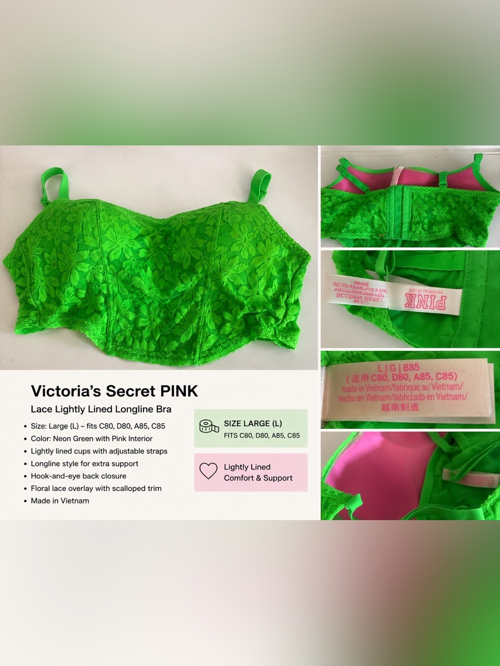 Victoria’s Secret PINK Neon Green Lace Longline Bra Size Large